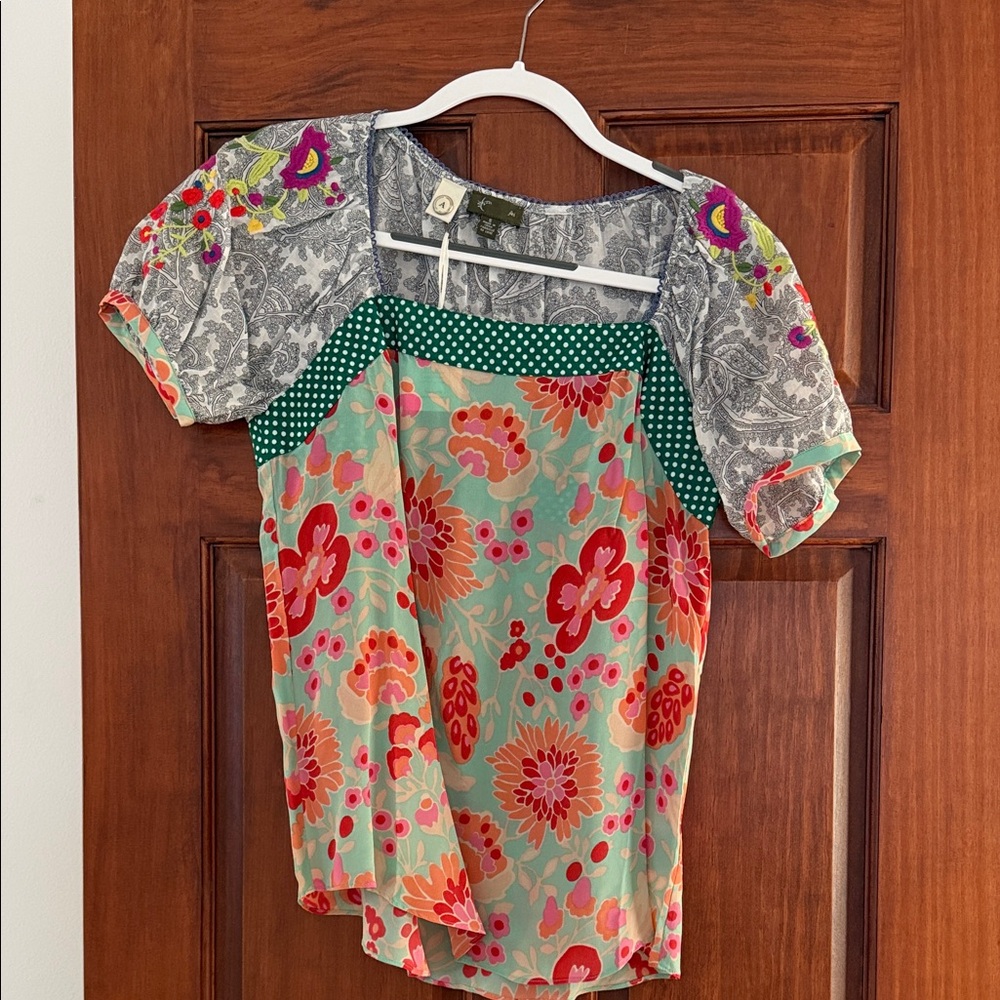 Anthropologie Floral Patchwork Blouse - Red, Pink, Green
